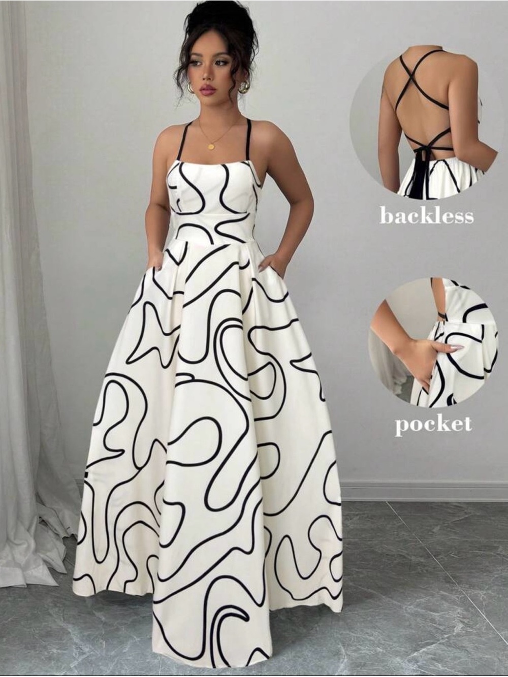 SHEIN White Maxi Dress with Black Abstract Swirl Print